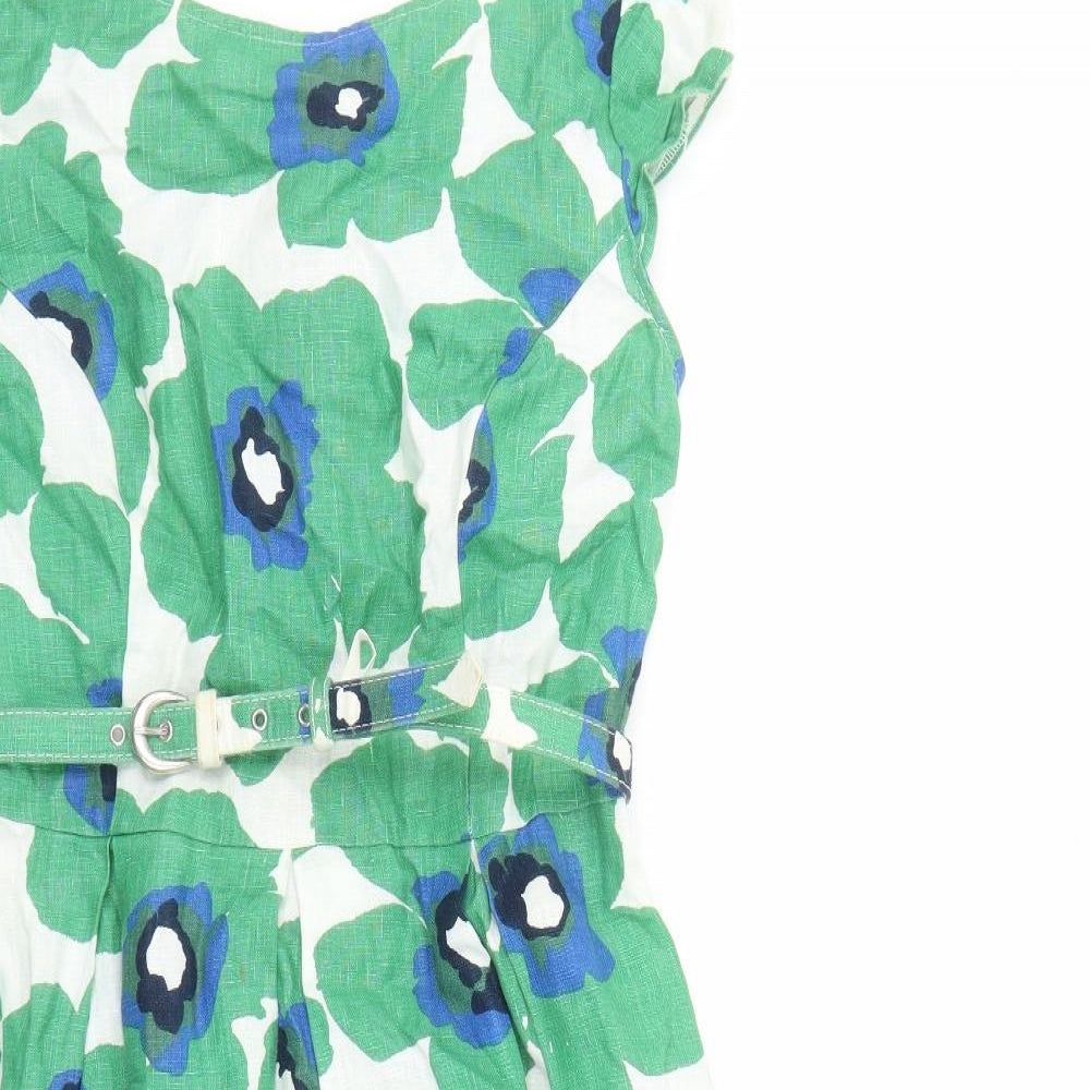 Per Una Womens Green Floral Flax Fit & Flare Size 12 Round Neck Zip - Belted