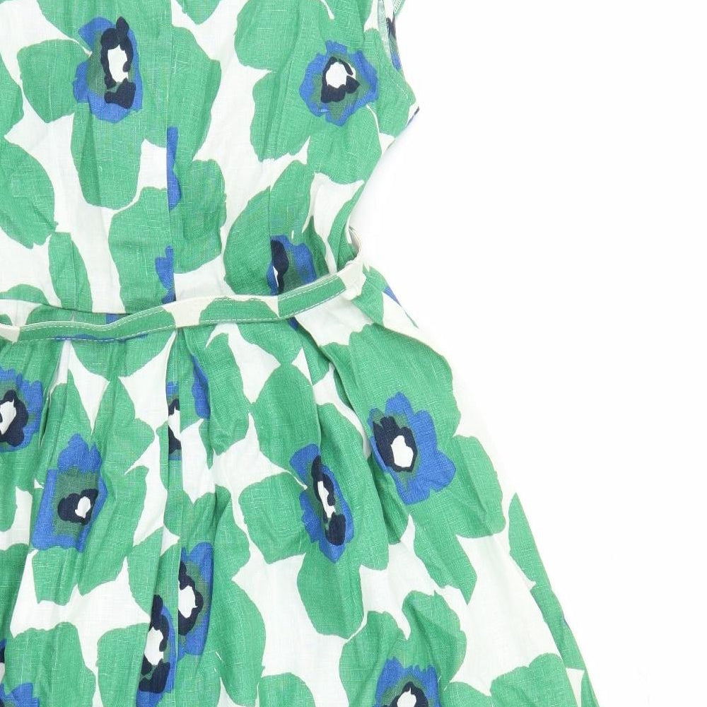 Per Una Womens Green Floral Flax Fit & Flare Size 12 Round Neck Zip - Belted