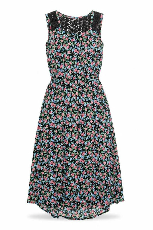 Front view of By Henry Holland women’s black floral polyester a-line, size UK 6, round neck pullover - crotchet detail