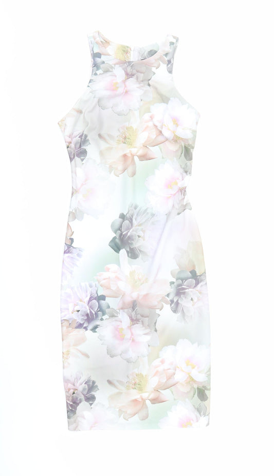 New Look Womens Multicoloured Floral Polyester Bodycon Size 8 Round Neck Zip