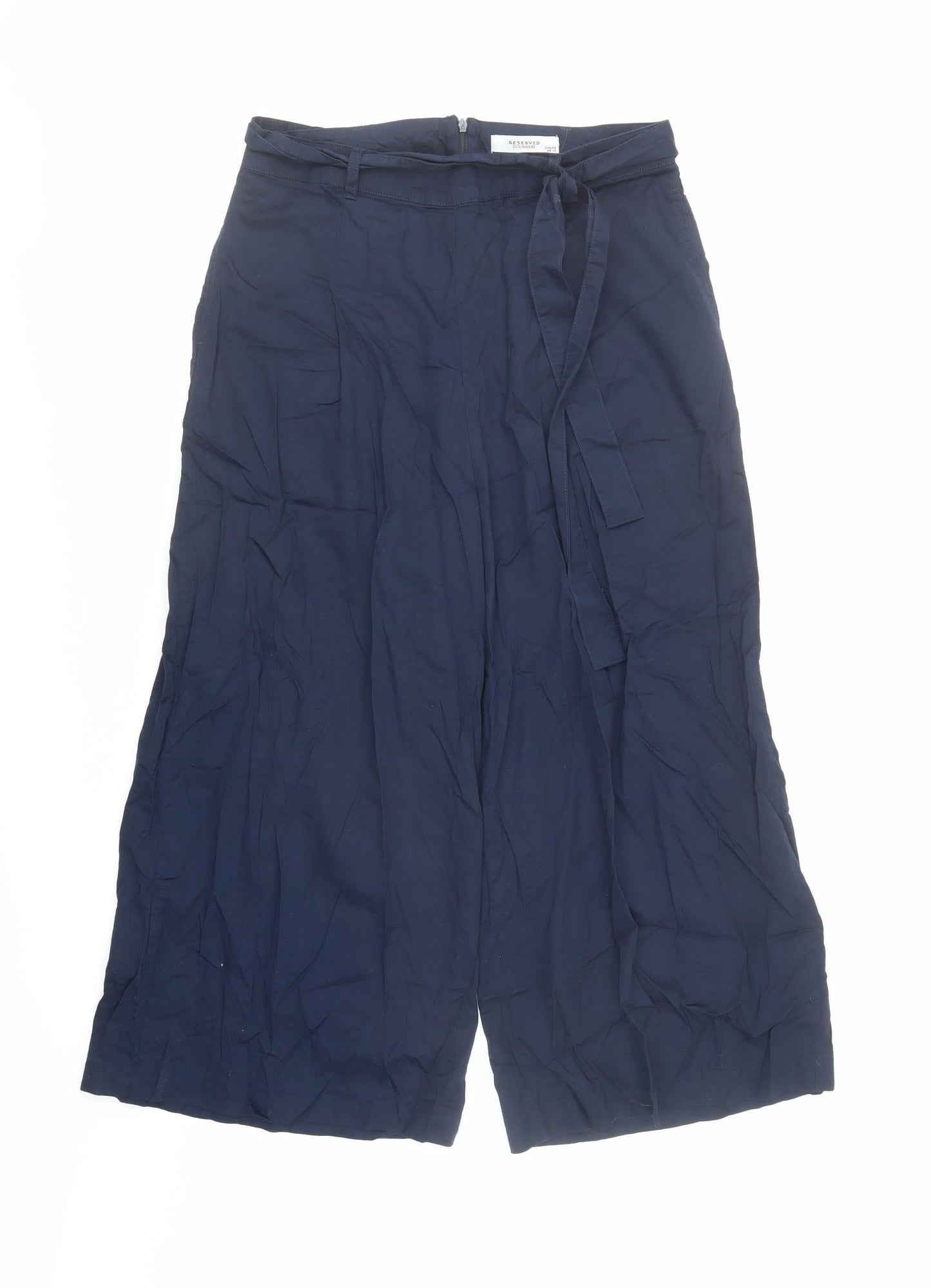 RESERVED Womens Blue Cotton Cropped Trousers Size 12 L24 in Regular Zip - Belted