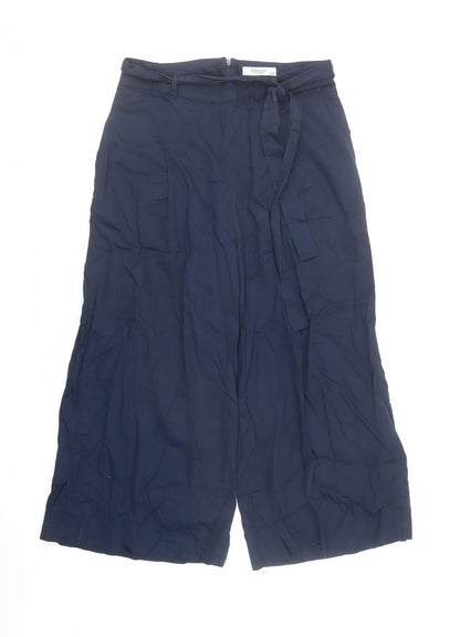 RESERVED Womens Blue Cotton Cropped Trousers Size 12 L24 in Regular Zip - Belted