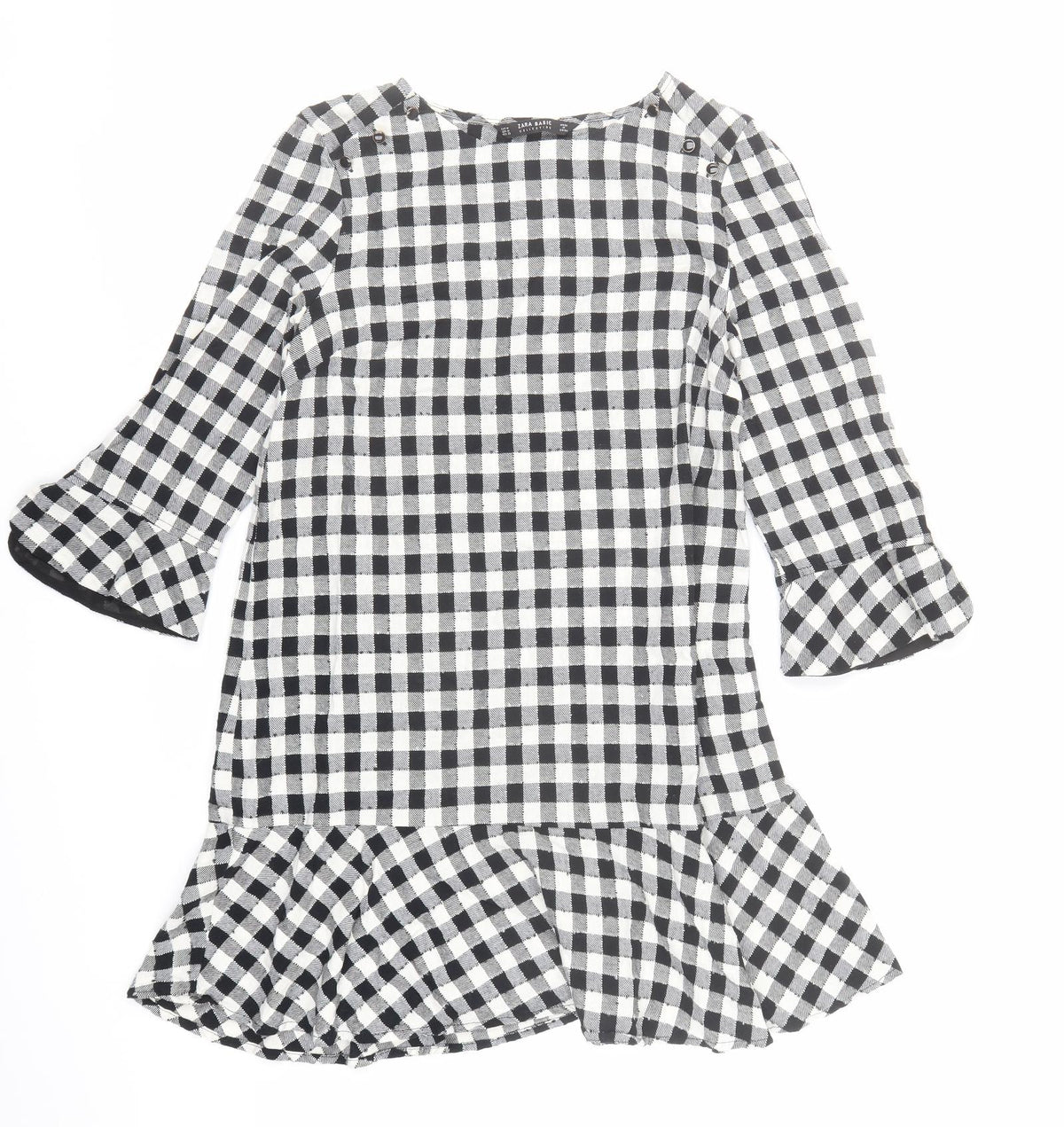 Zara Womens Black Check Polyester A-Line Size M Round Neck Button