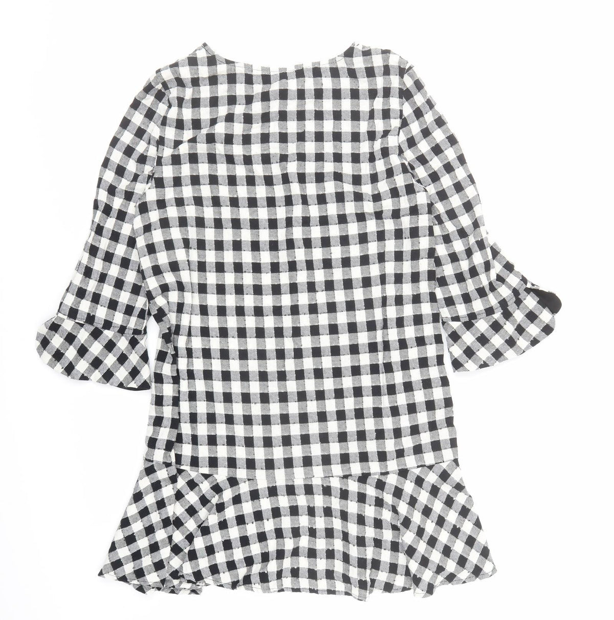 Zara Womens Black Check Polyester A-Line Size M Round Neck Button