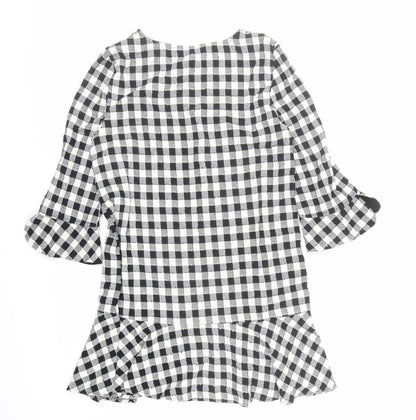 Zara Womens Black Check Polyester A-Line Size M Round Neck Button