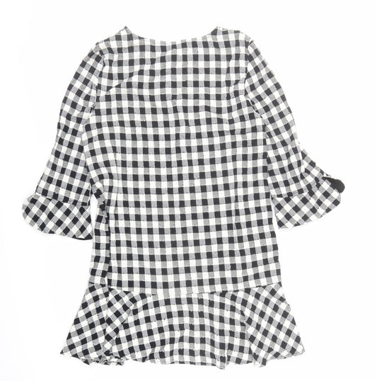 Zara Womens Black Check Polyester A-Line Size M Round Neck Button