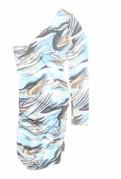 DressMezee Womens Blue Geometric Polyester Bodycon Size M One Shoulder Pullover