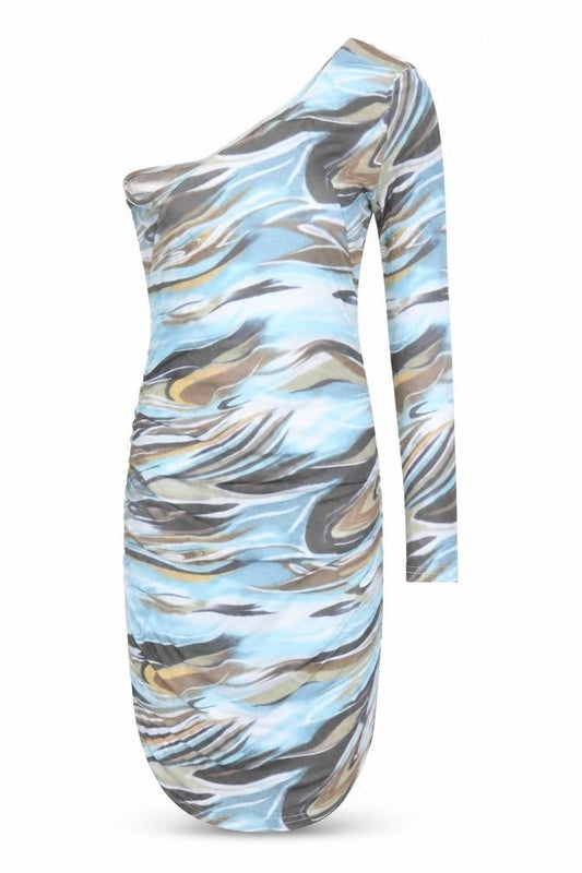 DressMezee Womens Blue Geometric Polyester Bodycon Size M One Shoulder Pullover