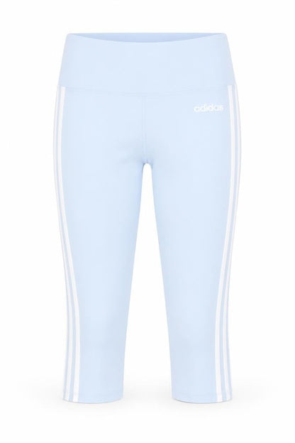 Front view of adid women’s blue polyester capri leggings, size S, 20-inch leg regular