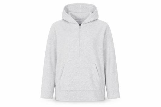 Front view of ASOS women’s grey polyester pullover hoodie, size M, zip