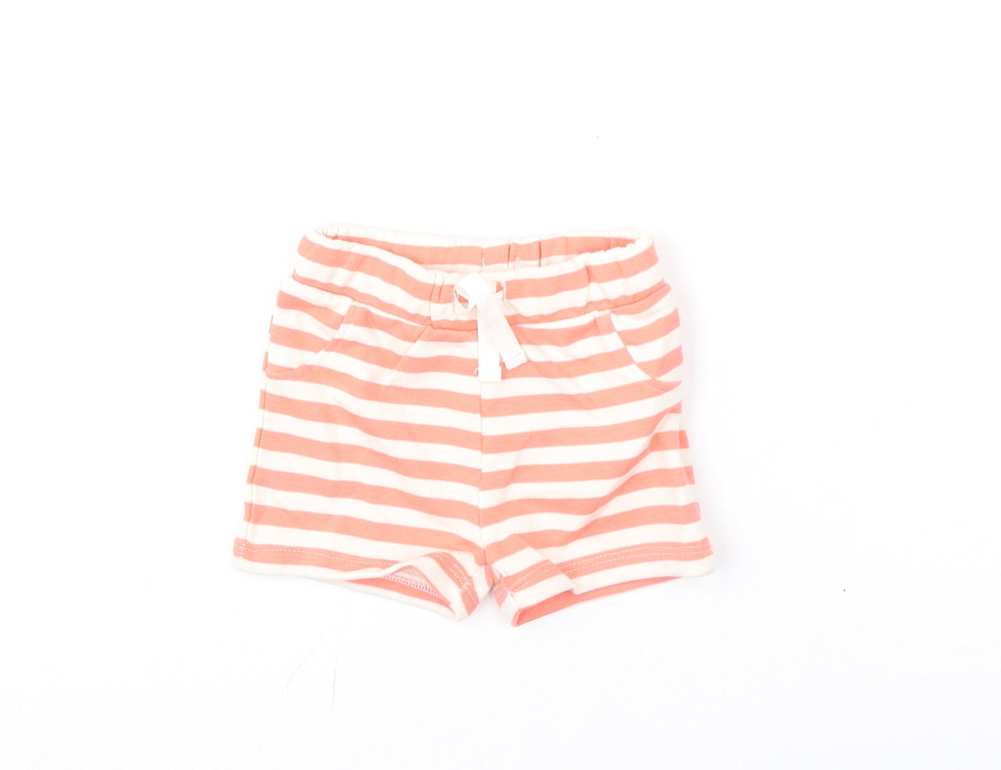 Marks and Spencer Girls Pink Striped Cotton Cropped Trousers Size 3-6 Months Drawstring - Shorts