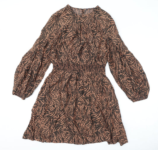 Marks and Spencer Womens Brown Geometric Viscose A-Line Size 10 Round Neck Button