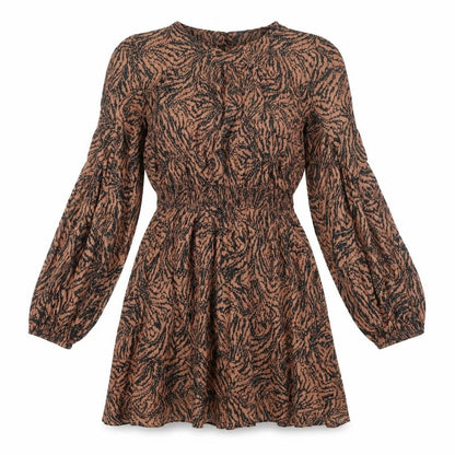 Marks and Spencer Womens Brown Geometric Viscose A-Line Size 10 Round Neck Button