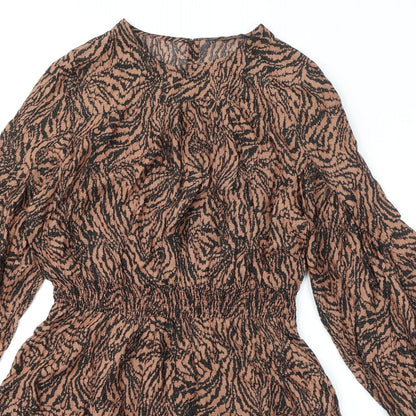 Marks and Spencer Womens Brown Geometric Viscose A-Line Size 10 Round Neck Button