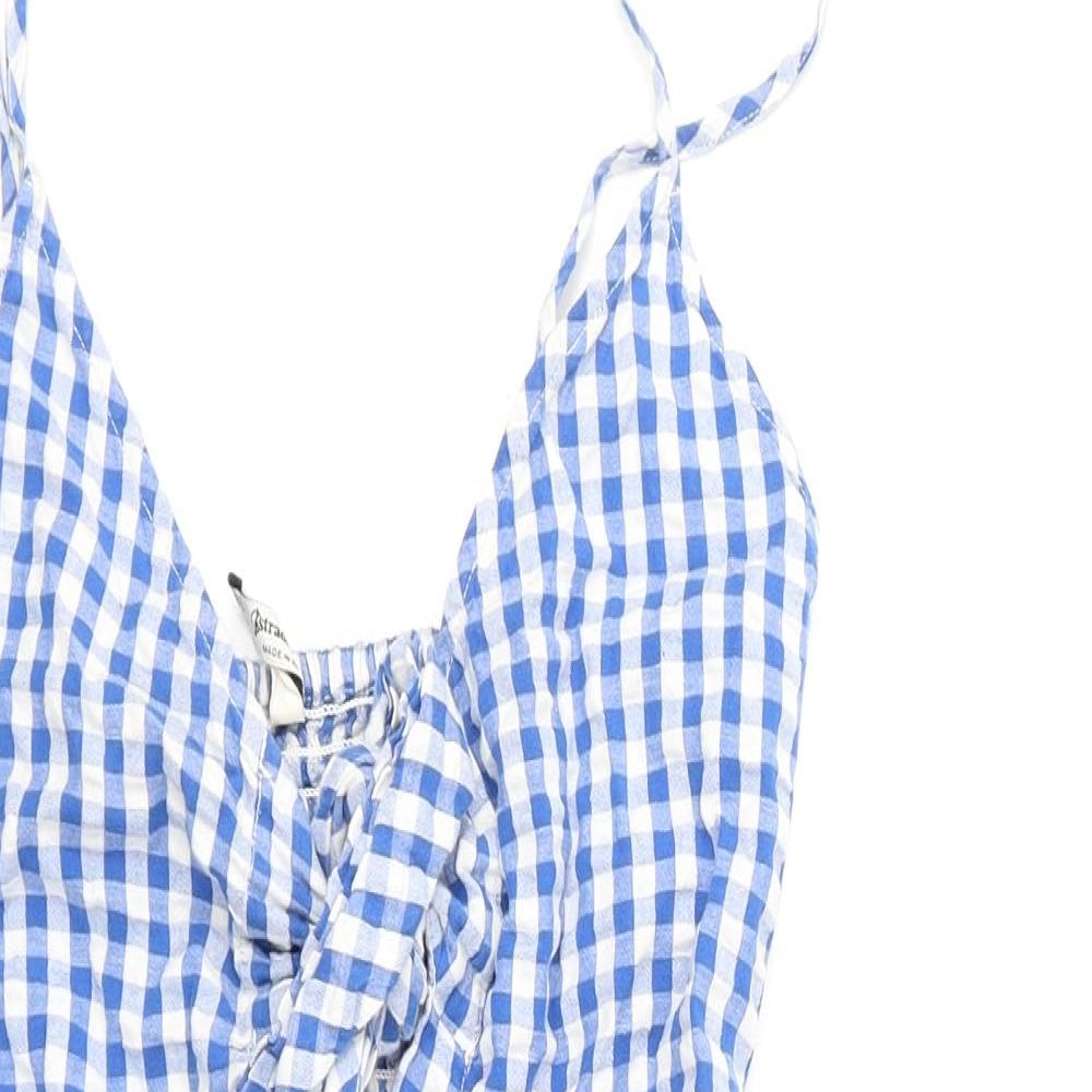 Stradivarius Womens Blue Check 100% Cotton Mini Size S V-Neck Tie