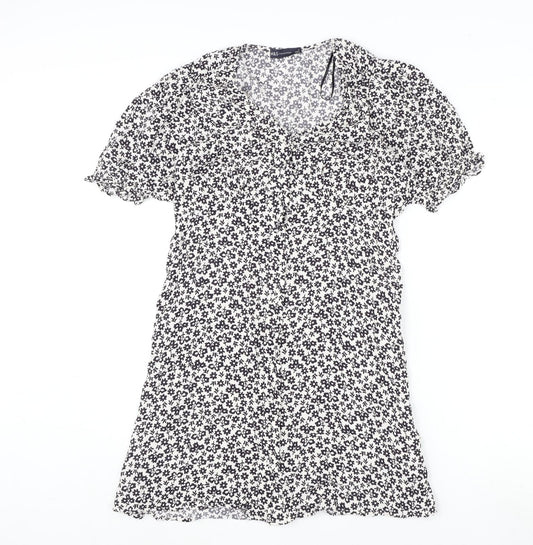 Marks and Spencer Womens White Geometric Viscose A-Line Size 12 V-Neck Button - Flowers