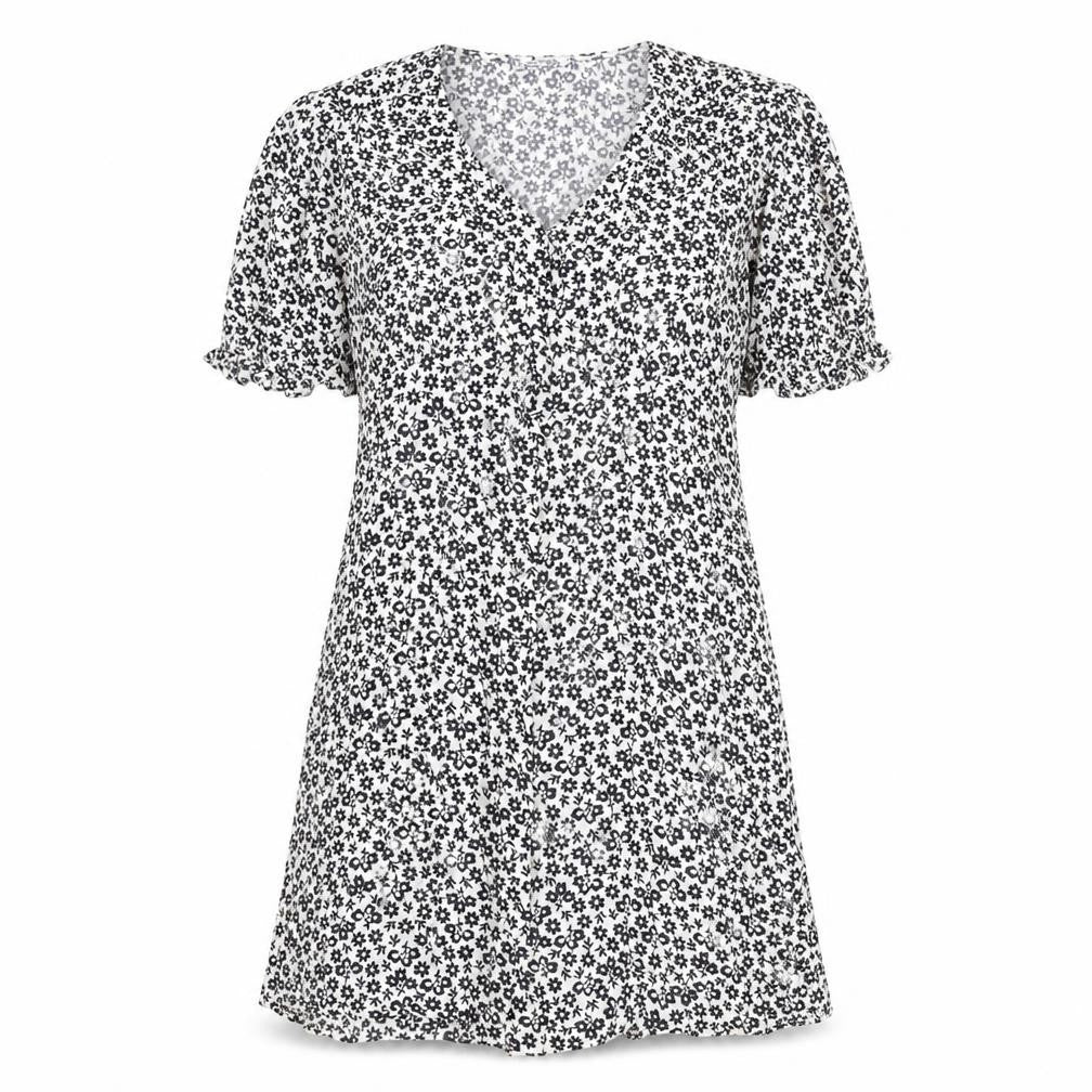 Marks and Spencer Womens White Geometric Viscose A-Line Size 12 V-Neck Button - Flowers
