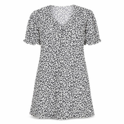 Marks and Spencer Womens White Geometric Viscose A-Line Size 12 V-Neck Button - Flowers