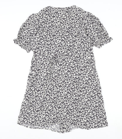 Marks and Spencer Womens White Geometric Viscose A-Line Size 12 V-Neck Button - Flowers