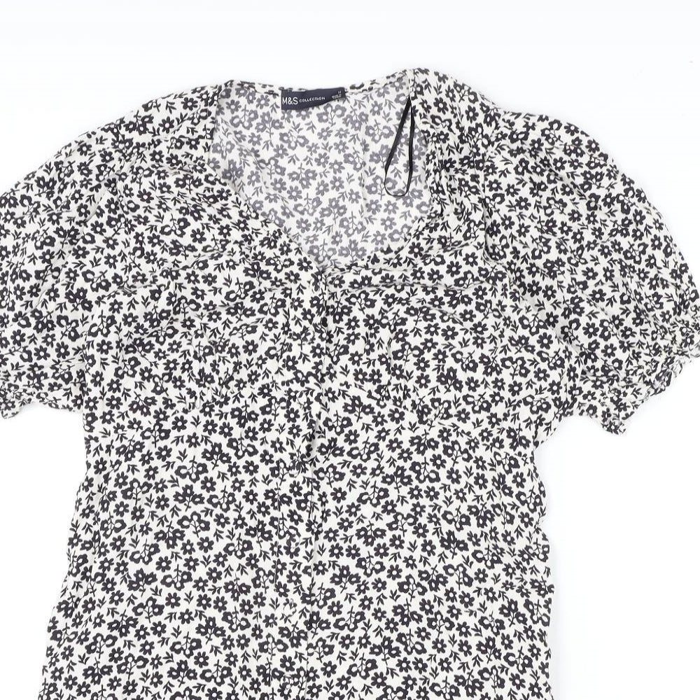 Marks and Spencer Womens White Geometric Viscose A-Line Size 12 V-Neck Button - Flowers