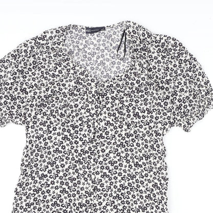 Marks and Spencer Womens White Geometric Viscose A-Line Size 12 V-Neck Button - Flowers