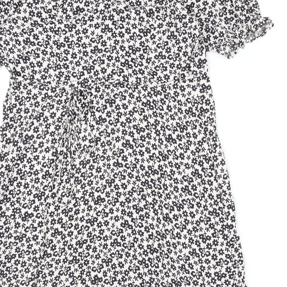 Marks and Spencer Womens White Geometric Viscose A-Line Size 12 V-Neck Button - Flowers