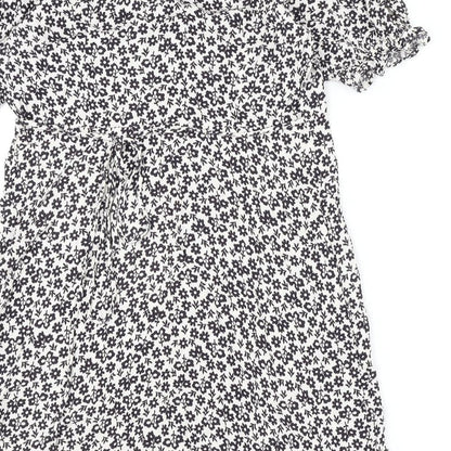 Marks and Spencer Womens White Geometric Viscose A-Line Size 12 V-Neck Button - Flowers
