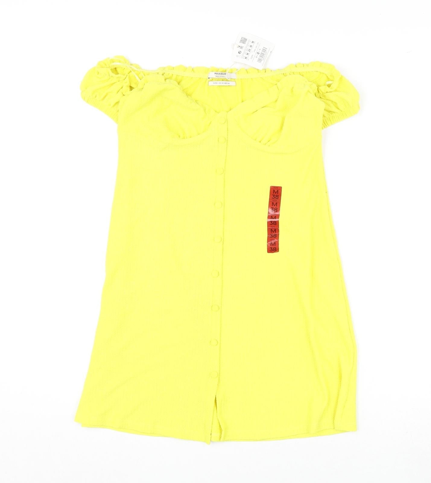 Pull&Bear Womens Yellow Polyester Mini Size M Off the Shoulder Button