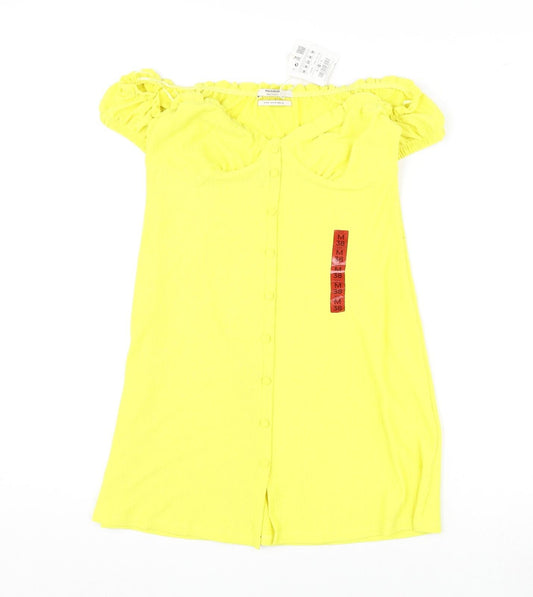 Pull&Bear Womens Yellow Polyester Mini Size M Off the Shoulder Button