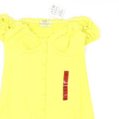 Pull&Bear Womens Yellow Polyester Mini Size M Off the Shoulder Button
