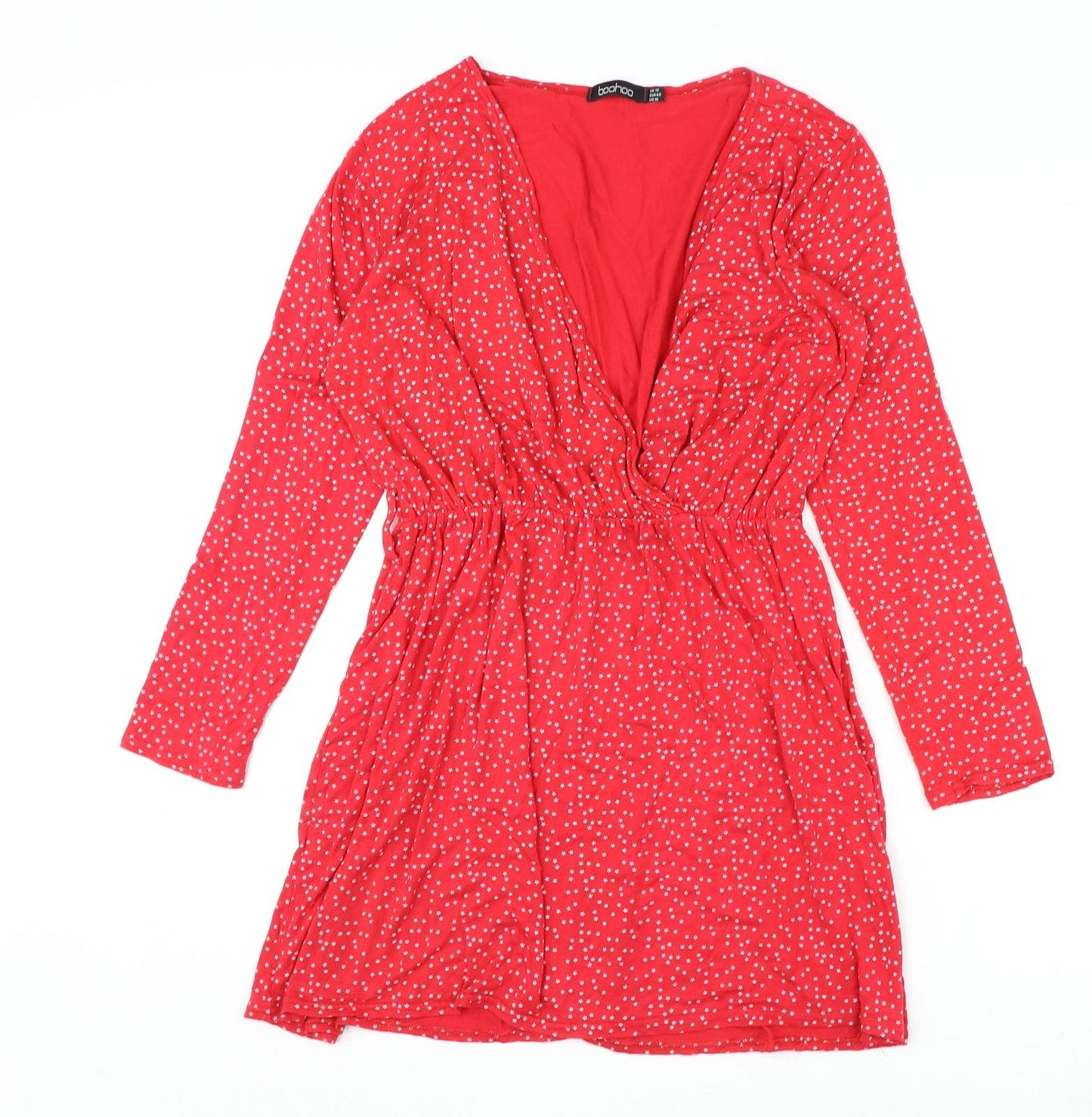 Boohoo Womens Red Geometric Polyester A-Line Size 14 V-Neck Pullover - Star Print