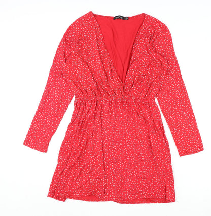 Boohoo Womens Red Geometric Polyester A-Line Size 14 V-Neck Pullover - Star Print