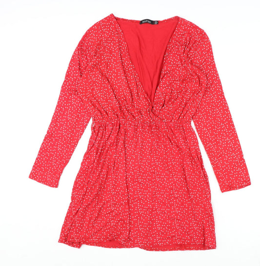 Boohoo Womens Red Geometric Polyester A-Line Size 14 V-Neck Pullover - Star Print