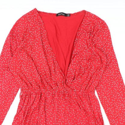 Boohoo Womens Red Geometric Polyester A-Line Size 14 V-Neck Pullover - Star Print