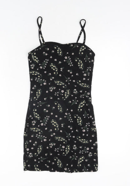 Miss Selfridge Womens Black Floral Polyester Mini Size 8 Square Neck Pullover