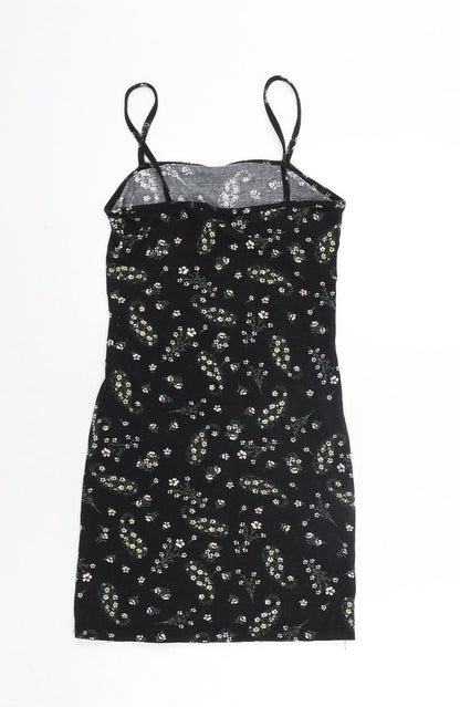 Miss Selfridge Womens Black Floral Polyester Mini Size 8 Square Neck Pullover