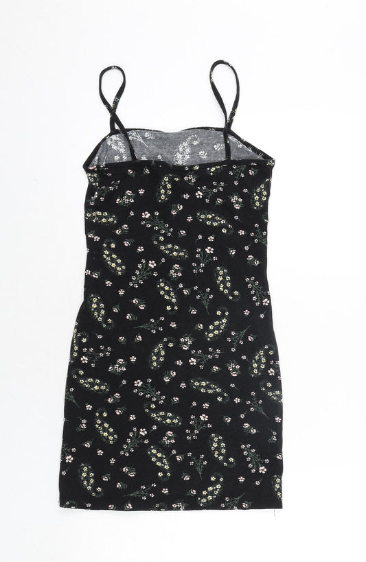 Miss Selfridge Womens Black Floral Polyester Mini Size 8 Square Neck Pullover