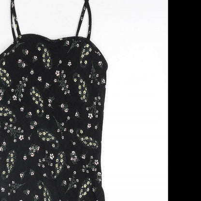 Miss Selfridge Womens Black Floral Polyester Mini Size 8 Square Neck Pullover