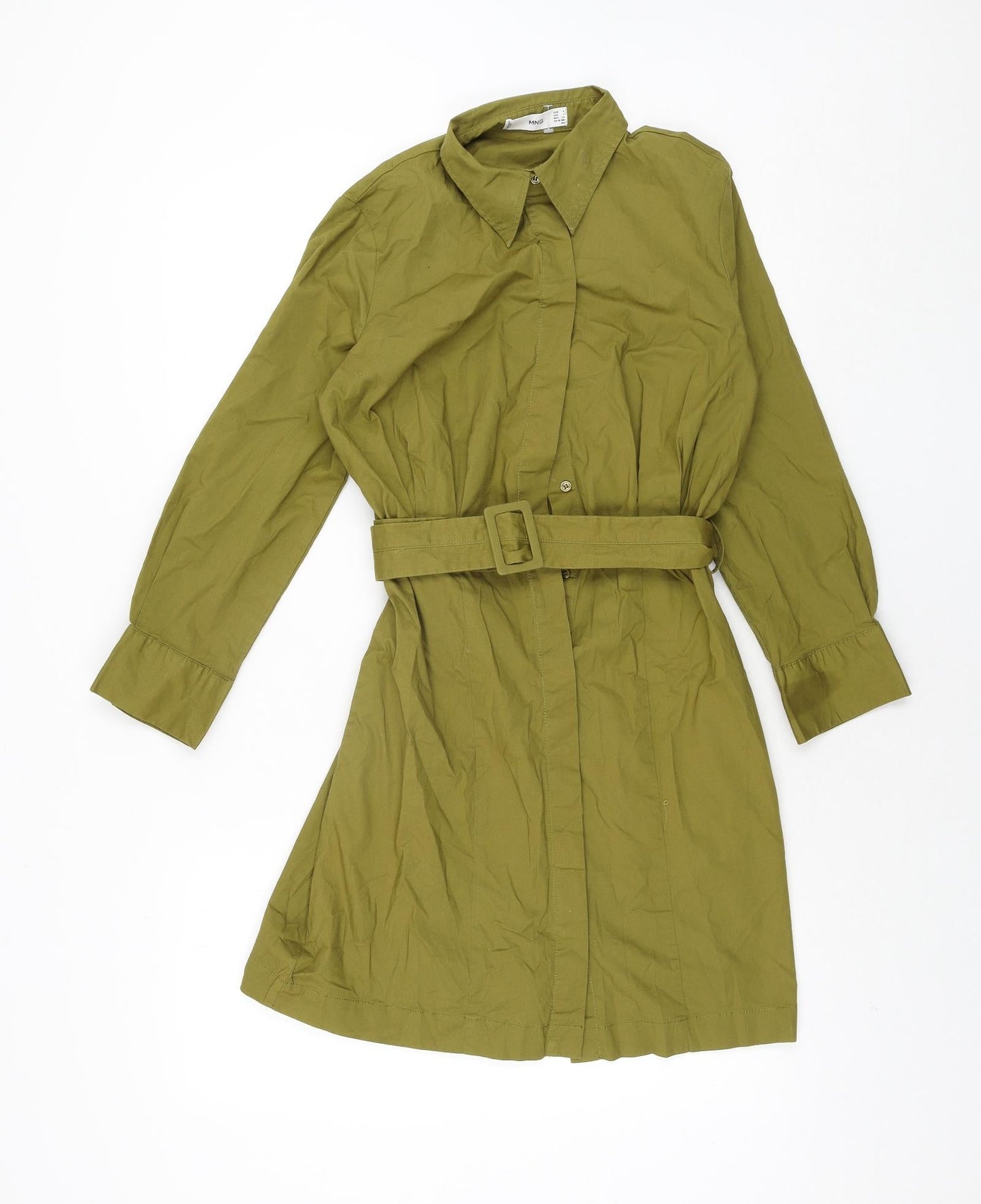 Mango Womens Green Cotton Shift Size S Collared Button - Belted