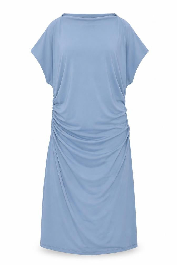 Marks and Spencer Womens Blue Polyester Shift Size 18 Square Neck Pullover - Rouched