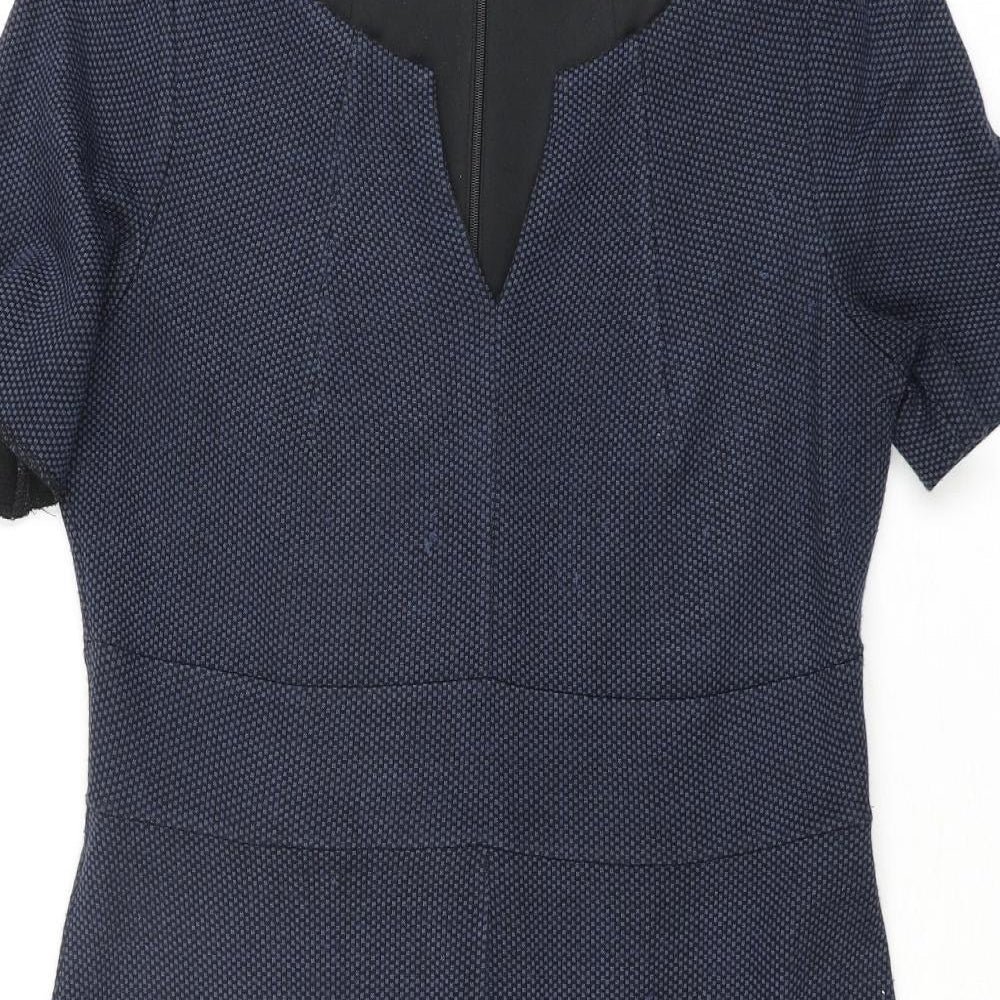 John Lewis Womens Blue Geometric Polyester Shift Size 14 Round Neck Zip