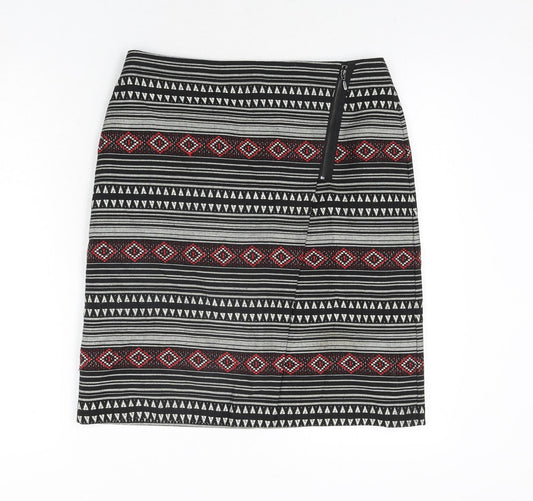 Marks and Spencer Womens Black Geometric Polyester Straight & Pencil Skirt Size 10 Zip - Wrap Style Zip Detail