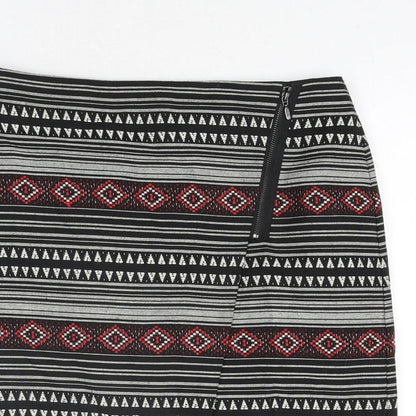 Marks and Spencer Womens Black Geometric Polyester Straight & Pencil Skirt Size 10 Zip - Wrap Style Zip Detail