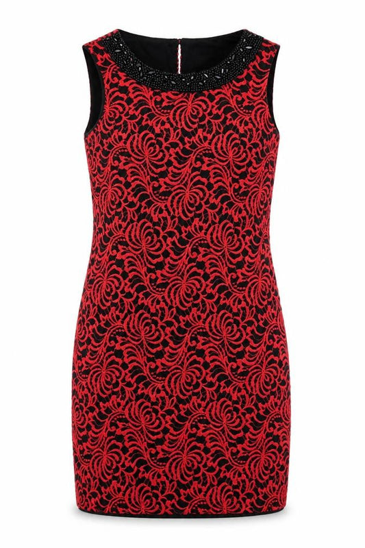 Front view of Roman women’s red geometric polyamide shift, size UK 10, round neck button