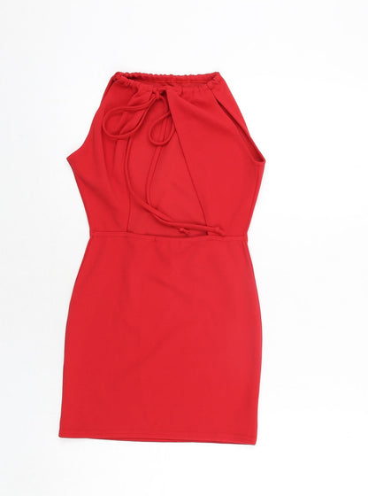 PRETTYLITTLETHING Womens Red Polyester Mini Size 4 Round Neck Tie - Open Back
