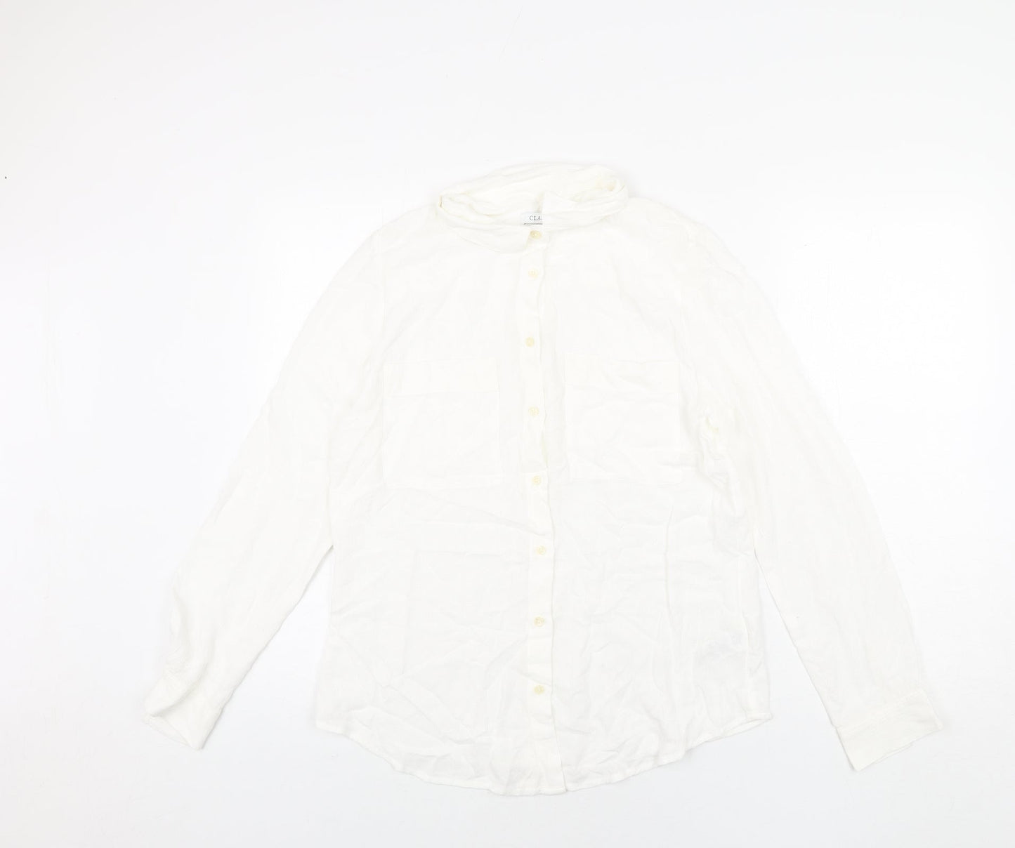 Classic Womens White Viscose Basic Button-Up Size 12 Collared