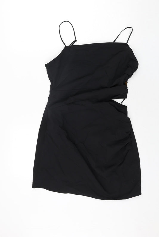 Zara Womens Black Polyester Mini Size L Square Neck Zip - Cut Out Detail