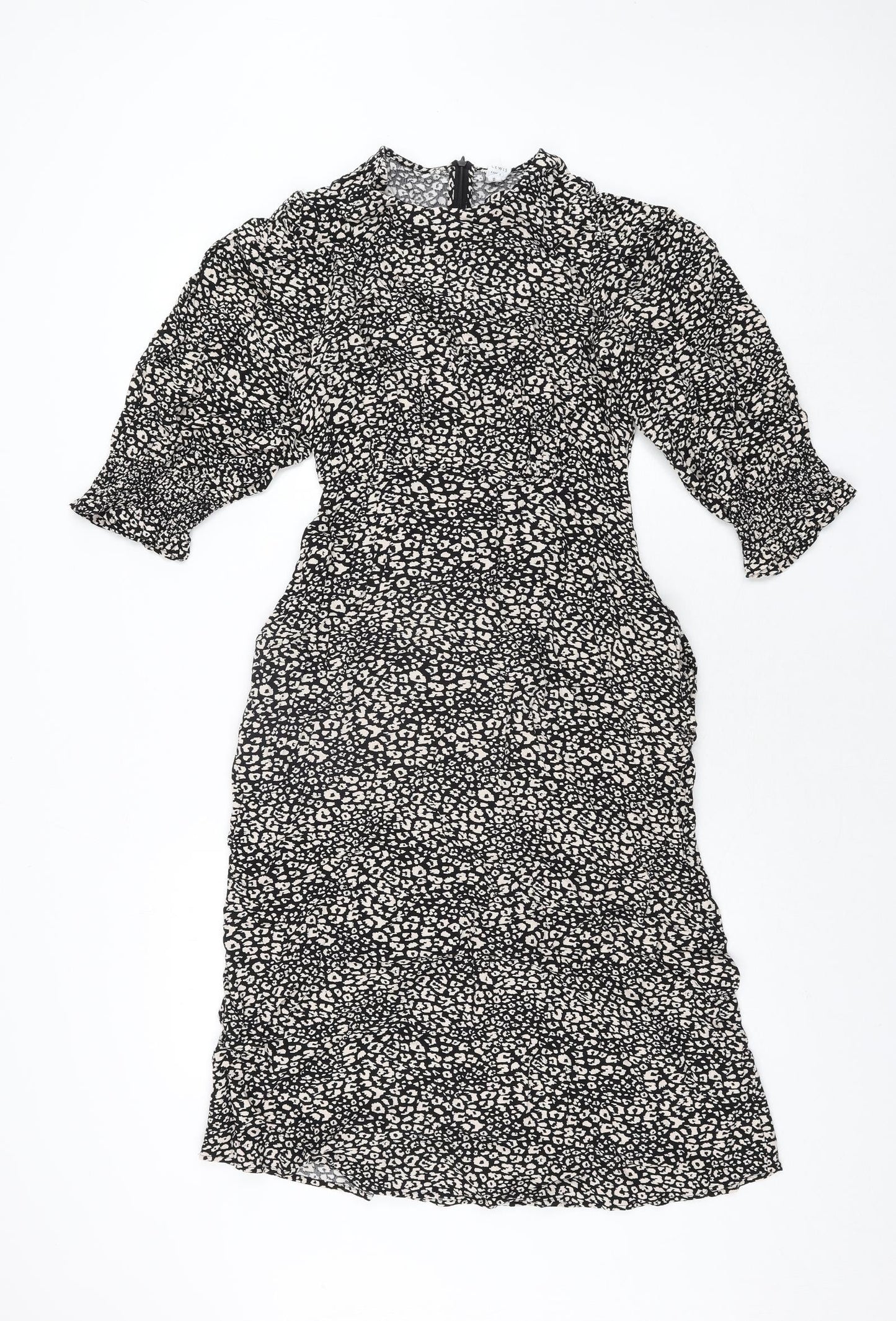 John Lewis Womens Black Animal Print Viscose Shift Size 10 Round Neck Zip - Leopard Print