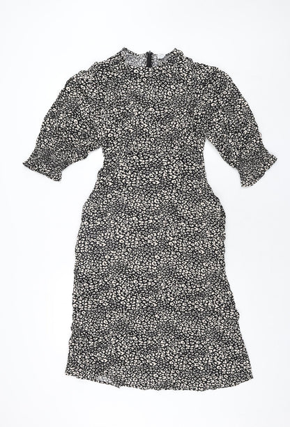 John Lewis Womens Black Animal Print Viscose Shift Size 10 Round Neck Zip - Leopard Print