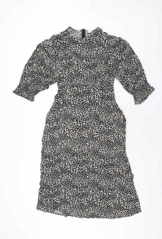 John Lewis Womens Black Animal Print Viscose Shift Size 10 Round Neck Zip - Leopard Print